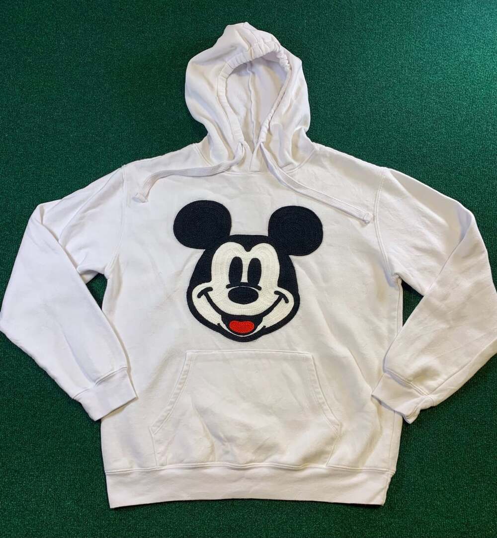Disney Mickey Mouse Hoodie Size M White Crochet Patch Pullover
